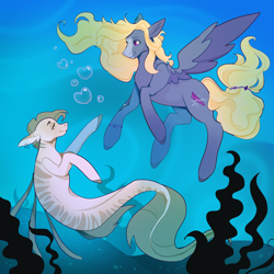 Size: 2800x2800 | Tagged: safe, artist:fhroggy, derpibooru import, oc, oc only, pegasus, pony, seapony (g4), bubble, cute, digital art, dorsal fin, ears, feather, fin, fins, fish tail, floppy ears, flowing mane, flowing tail, gills, happy, high res, jewelry, lidded eyes, looking at each other, looking at someone, male, necklace, ocean, pegasus oc, scales, seaweed, smiling, smiling at each other, spread wings, stallion, swimming, tail, underwater, water, wings