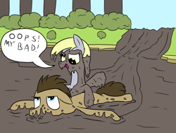 Size: 1600x1200 | Tagged: safe, artist:amateur-draw, derpibooru import, derpy hooves, doctor whooves, earth pony, pegasus, pony, g4, covered in mud, duo, duo male and female, eyes, eyes rolling back, female, male, mare, mud, muddy, oops my bad, silly, silly pony, stallion, unamused