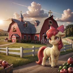 Size: 2048x2048 | Tagged: safe, ai content, artist:venisoncreampie, derpibooru import, generator:stable diffusion, machine learning assisted, apple bloom, earth pony, pony, g4, adorabloom, apple, blush lines, blushing, chest fluff, cloud, cloudy, crate, cute, dirt road, ear fluff, ears, female, fence, filly, floppy ears, foal, food, grass, hooves, outdoors, side view, solo, standing, sunrise, sweat, sweet apple acres, unshorn fetlocks