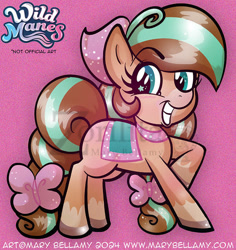 Size: 600x635 | Tagged: safe, artist:marybellamy, derpibooru import, pony, bandana, bow, braid, chibi, chocolate, cocoa (wild manes), female, food, hot chocolate, mare, obtrusive watermark, pink, ponified, saddle, species swap, striped mane, tack, watermark, wild manes