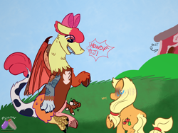 Size: 2160x1620 | Tagged: safe, artist:felixmcfurry, derpibooru import, apple bloom, applejack, winona, dog, draconequus, earth pony, pony, g4, barn, dialogue, draconequified, fangs, female, looking down, looking up, mare, outdoors, question mark, racist barn, species swap, sweat, sweatdrop, text, wat