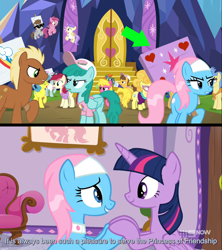 Size: 1366x1536 | Tagged: safe, derpibooru import, screencap, alula, atomic crystal, beta particle, bigger jim, caramel, cherry berry, lemon chiffon, lemon hearts, lotus blossom, meadow song, neighls bohr, neon lights, plunkett, pluto, rising star, roseluck, spring melody, sprinkle medley, twilight sparkle, twilight sparkle (alicorn), winter wisp, alicorn, earth pony, pony, fame and misfortune, g4, background pony, cupid (g4), deep tissue memories, female, holding hooves, my little pony: friendship is forever, overcast (g4), subtitles, sympathy