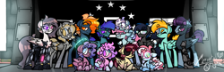 Size: 4700x1532 | Tagged: safe, artist:ccrystalonyxx, derpibooru import, oc, oc:cloud jumper, oc:serene rush, pegasus, pony, fallout equestria, amputee, artificial wings, augmented, commission, enclave, eyepatch, female, filly, flag, foal, glasses, one eye closed, prosthetic leg, prosthetic limb, prosthetic wing, prosthetics, sitting, sitting on person, sitting on pony, wings, wink