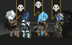 Size: 7200x4500 | Tagged: safe, artist:lone wolf, derpibooru import, oc, oc:hbg, oc:maple night, oc:starglows, oc:永恒, bat pony, pony, unicorn, armor, bat pony oc, bipedal, clothes, helldivers, helldivers 2, helmet, horn, looking at each other, looking at someone, looking at something, smiling, unicorn oc, uniform, video game