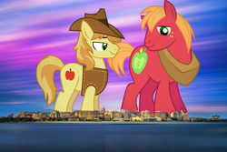 Size: 2048x1367 | Tagged: safe, artist:dashiesparkle edit, artist:frownfactory, derpibooru import, edit, editor:jaredking779, big macintosh, braeburn, earth pony, pony, g4, clothes, cousins, duo, duo male, freckles, giant pony, hat, highrise ponies, horse collar, irl, macro, madison, male, photo, ponies in real life, really big mac, smiling, stallion, story included, vest, wisconsin