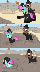 Size: 2000x3592 | Tagged: safe, artist:amateur-draw, derpibooru import, oc, oc only, oc:belle boue, oc:oak wood, earth pony, unicorn, 3 panel comic, boots, clothes, comic, covered in mud, duo, duo male, gay, gloves, horn, jacket, leather, leather boots, leather gloves, leather hat, leather jacket, leather vest, male, mud, mud bath, muddy, quarry, shoes, sign, sinking, vest