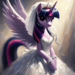 Size: 2048x2048 | Tagged: safe, ai content, derpibooru import, generator:bing image creator, generator:dall-e 3, machine learning generated, twilight sparkle, twilight sparkle (alicorn), alicorn, pony, semi-anthro, g4, clothes, dress, female, looking at you, mare, prompter:krivovyaz, smiling, smiling at you, solo, spread wings, veil, wedding dress, wedding veil, wings