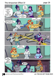 Size: 2726x3802 | Tagged: safe, artist:atariboy2600, artist:bluecarnationstudios, derpibooru import, sci-twi, sunset shimmer, twilight sparkle, human, robot, comic:the amazonian effect, comic:the amazonian effect iv, equestria girls, g4, android, breasts, buff breasts, busty sci-twi, clothes, comic, duality, eye beams, female, headlight sparkle, muscles, muscular female, nervous sweat, open mouth, sci-twi's house, sunset jiggler, sunset lifter, tempting fate, twolight