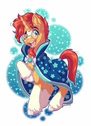 Size: 2439x3359 | Tagged: safe, artist:fizzy-dog, derpibooru import, sunburst, pony, unicorn, g4, cloak, clothes, facial hair, glasses, goatee, happy, high res, horn, male, one eye closed, open mouth, open smile, raised hoof, raised leg, smiling, solo, spread wings, stallion, sunburst's cloak, unshorn fetlocks, wings, wink