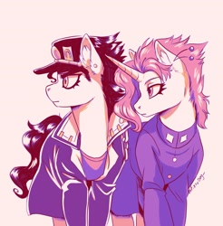 Size: 2751x2799 | Tagged: safe, artist:fizzy-dog, derpibooru import, earth pony, pony, unicorn, duo, head turn, high res, horn, jojo's bizarre adventure, jotaro kujo, male, noriaki kakyoin, ponified, simple background, species swap, stallion, stardust crusaders