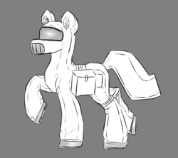 Size: 2883x2562 | Tagged: safe, artist:darklight1315, derpibooru import, earth pony, pony, fallout equestria, concept art, fallout equestria: mayday, gray background, protective suit, q, simple background, solo