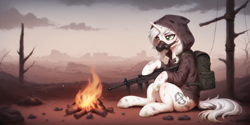 Size: 2400x1200 | Tagged: safe, ai content, derpibooru import, machine learning generated, oc, oc only, oc:white whisper, pony, unicorn, backpack, campfire, gas mask, gun, hood, horn, lidded eyes, mask, prompter:greesys, rifle, sitting, solo, tree, wasteland, weapon