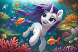 Size: 2304x1536 | Tagged: safe, ai content, derpibooru import, generator:pony diffusion v6 xl, generator:stable diffusion, machine learning generated, rarity, fish, pony, unicorn, g4, blue eyes, blue mane, blue tail, bubble, clownfish, coral, crepuscular rays, curly hair, curly mane, curly tail, eyelashes, eyeshadow, female, fins, fish tail, flowing mane, flowing tail, happy, horn, lidded eyes, looking at something, makeup, mare, ocean, open mouth, open smile, prompter:foxpony, reef, scales, scenery, scenery porn, seaweed, smiling, solo, sunlight, swimming, tail, teeth, the quality of ai art is frightening, underwater, water, windswept mane