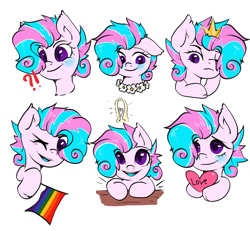 Size: 3177x2939 | Tagged: safe, artist:kristina, derpibooru import, oc, oc only, oc:sweetie swirl, bat pony, pony, blushing, commission, cute, emoji, emotions, exclamation point, floral necklace, flower, frown, hair over one eye, happy, heart, interrobang, lightbulb, one eye closed, pride, pride flag, question mark, simple background, smiling, solo, sticker, transparent background, wink, ych result