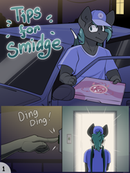 Size: 3840x5120 | Tagged: safe, artist:difis, derpibooru import, oc, oc only, oc:smidge, anthro, bat pony, bat wings, car, comic, delivery, door, doorbell, fangs, male, pizza box, pizza delivery, solo, wings