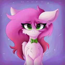 Size: 3500x3500 | Tagged: safe, artist:gaffy, derpibooru import, oc, oc only, oc:ellie berryheart, pegasus, pony, g4, abstract background, black eyeshadow, bowtie, eyeshadow, female, flaffy, green eyes, looking at you, makeup, pokémon, solo, wings