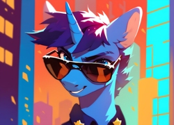 Size: 4128x2968 | Tagged: safe, ai content, derpibooru import, machine learning generated, oc, oc only, pony, unicorn, clothes, horn, police uniform, prompter:jlege, sunglasses