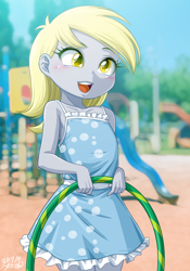 Size: 1362x1944 | Tagged: safe, artist:uotapo, derpibooru import, derpy hooves, human, equestria girls, g4, blush lines, blushing, clothes, cute, derpabetes, dress, female, happy, loop-de-hoop, open mouth, open smile, playground, polka dots, slide, smiling, solo, uotapo is trying to murder us, weapons-grade cute, younger