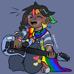 Size: 4096x4096 | Tagged: safe, artist:metaruscarlet, derpibooru import, oc, oc only, oc:pride heart, human, aroace pride flag, bandaid, bandaid on nose, blue background, blushing, body art, bracelet, button, clothes, converse, cutie mark on clothes, ear piercing, electric guitar, female, gay pride, guitar, humanized, jewelry, lesbian, lesbian pride flag, mantle, mlm pride flag, musical instrument, necklace, nonbinary, nonbinary pride flag, one eye closed, open mouth, overalls, pansexual, piercing, playing instrument, pride, pride flag, rainbow, rainbow flag, shoes, simple background, solo, teeth, transgender pride flag, vitiligo, wink