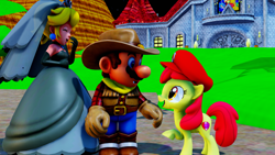 Size: 1920x1080 | Tagged: safe, artist:miketheuser, artist:superpac-mario64, derpibooru import, apple bloom, human, pony, g4, 3d, boots, cap, clothes, costume, cowboy boots, cowboy hat, crossover, dress, halloween, halloween costume, hat, holiday, mario, mario's hat, princess peach, shoes, super mario bros., super mario odyssey, wedding dress