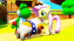 Size: 1920x1080 | Tagged: safe, artist:superpac-mario64, derpibooru import, fluttershy, pegasus, g4, 3d, crossover, mmd, poochie, poochy, super mario bros., yoshi