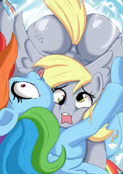 Size: 2894x4093 | Tagged: safe, artist:zekn, derpibooru import, derpy hooves, rainbow dash, pegasus, pony, g4, bubble butt, butt, collision, duo, duo female, female, flying, high res, i just don't know what went wrong, mare, open mouth, pinpoint eyes, plot, tongue, tongue out