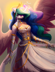 Size: 3500x4500 | Tagged: safe, artist:anastas, derpibooru import, princess celestia, alicorn, anthro, pegasus, unicorn, g4, abstract background, breasts, chains, cleavage, clothes, crown, curved horn, cute, dress, ears, ethereal mane, eyelashes, female, floppy ears, glowing, glowing horn, horn, jewelry, looking away, magic, necklace, princess breastia, reasonably sized breasts, regalia, ring, sexy, smiling, solo, spread wings, sun, white dress, wings