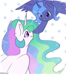 Size: 1950x2200 | Tagged: safe, artist:maravor, derpibooru import, princess celestia, princess luna, alicorn, pony, g4, :p, abstract background, blushing, boop, cute, cutelestia, duo, duo female, female, filly, foal, lunabetes, mare, royal sisters, s1 luna, scrunchy face, siblings, sisters, tongue, tongue out, woona, younger