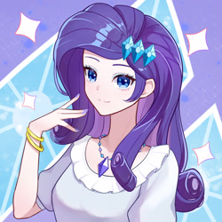 Size: 1600x1600 | Tagged: safe, artist:ashen, derpibooru import, rarity, human, g4, bust, cutie mark background, female, humanized, jewelry, looking at you, nail polish, necklace, pixiv, raised hand, smiling, solo