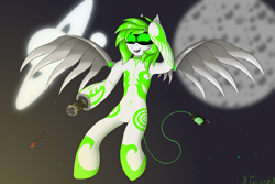 Size: 9600x6400 | Tagged: safe, artist:twinky, derpibooru import, oc, oc only, cyborg, pegasus, pony, semi-anthro, anatomically incorrect, arm cannon, artificial wings, augmented, blank eyes, coat markings, female, green eyes, green mane, headphones, incorrect leg anatomy, mare, murder drones, rocket, rocket launcher, solo, spread wings, swirls, swirly markings, tattoo, weapon, wings