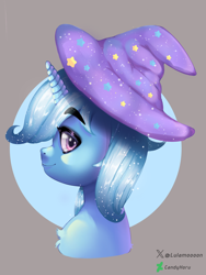 Size: 2304x3072 | Tagged: safe, artist:lulamoooon, derpibooru import, trixie, unicorn, g4, blue mane, clothes, eyebrows, hat, horn, purple eyes, redraw, solo, trixie's hat