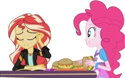 Size: 4048x2520 | Tagged: safe, derpibooru import, edit, edited screencap, editor:homersimpson1983, screencap, pinkie pie, sunset shimmer, equestria girls, g4, background removed, burger, duo, duo female, female, food, hay burger, not a vector, simple background, transparent background