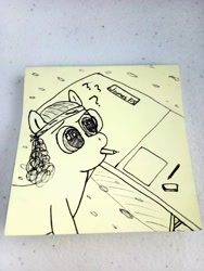 Size: 2448x3264 | Tagged: safe, artist:wren, derpibooru import, oc, oc only, pony, bible verse, eraser, headband, monochrome, pen, pencil, photo, question mark, religion, solo, sticky note, table, text, traditional art