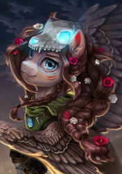 Size: 3800x5400 | Tagged: safe, artist:ondrea, derpibooru import, oc, oc only, oc:ondrea, pegasus, pony, braid, dusk, face paint, female, flower, flower in hair, glowing, long mane, mare, skull, solo, spread wings, subsurface scattering, wings