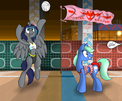 Size: 6144x5120 | Tagged: safe, artist:dashingjack, artist:techno_universal, derpibooru import, oc, oc only, oc:techno universal, oc:wintergreen, alicorn, earth pony, pony, clothes, crossdressing, duo, female, lipstick, male, mare, midriff, sports, stallion, swimsuit, tongue, tongue out, volleyball