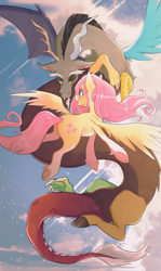 Size: 2296x3859 | Tagged: safe, artist:shyvi, derpibooru import, discord, fluttershy, draconequus, pony, g4, duo, duo male and female, female, flying, high res, male, mare, open mouth, open smile, smiling, unshorn fetlocks