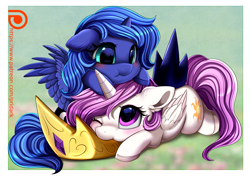 Size: 2789x1958 | Tagged: safe, artist:pridark, derpibooru import, princess celestia, princess luna, alicorn, pony, g4, baby, blushing, cewestia, crown, cute, cutelestia, duo, duo female, female, filly, foal, horn, jewelry, lunabetes, passepartout, pridark is trying to murder us, regalia, wings, woona, younger