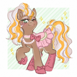 Size: 1272x1272 | Tagged: safe, artist:adostume, derpibooru import, horse, blushing, cherie (wild manes), female, hoof shoes, jewelry, looking at you, mare, necklace, one eye closed, passepartout, raised hoof, raised leg, saddle, smiling, solo, sparkles, tack, tail, wild manes, wink, winking at you