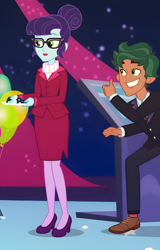 Size: 4302x6714 | Tagged: safe, derpibooru import, screencap, rosette nebula, timber spruce, better together, equestria girls, g4, twilight under the stars, balloon, clothes, cropped, duo, duo male and female, female, male, out of context, thumbs up