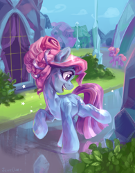 Size: 1950x2500 | Tagged: safe, artist:jewellier, derpibooru import, star swirl, crystal pony, earth pony, pony, g4, alternate hairstyle, bipedal, bush, contest entry, crystal empire, crystallized, duo, duo female, eyes closed, female, glowing, happy, high res, mare, open mouth, open smile, outdoors, signature, smiling, solo focus, sparkling, species swap, stars, streetlight