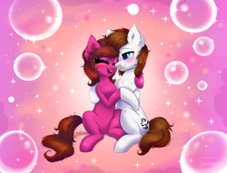 Size: 6100x4655 | Tagged: safe, artist:confetticakez, derpibooru import, oc, oc only, oc:brain teaser, oc:rose bloom, earth pony, pony, absurd resolution, blushing, bubble, chest fluff, commission, duo, duo male and female, ear fluff, ears, earth pony oc, eyes closed, female, holding hooves, hug, male, mare, oc x oc, open mouth, open smile, shipping, sitting, smiling, sparkles, stallion, straight, tail