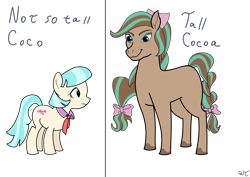 Size: 7016x4961 | Tagged: safe, artist:пшеница, derpibooru exclusive, derpibooru import, coco pommel, earth pony, horse, pony, g4, bow, cocoa (wild manes), crossover, duo, duo female, female, mare, name pun, namesake, pun, simple background, size comparison, tail, tail bow, transparent background, visual pun, wild manes