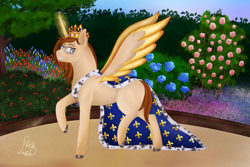 Size: 6000x4000 | Tagged: safe, artist:loopina, derpibooru import, oc, oc only, alicorn, commission, concave belly, crown, fleur de lys, flower, france, garden, glasses, golden, hortensia, jewelry, king, magic, male, ponysona, pose, regalia, rose, rose bush, solo, stallion