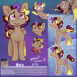 Size: 4000x4000 | Tagged: safe, artist:midnightpremiere, derpibooru import, oc, oc only, oc:hors, chibi, flying, folded wings, handwriting, looking at you, meme, reference, reference sheet, silly face, smiling, solo, stool, sunglasses, text, trombone, wings