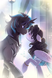 Size: 3600x5400 | Tagged: safe, artist:nekoshiei, derpibooru import, oc, oc only, oc:magic barrier, oc:tail, pegasus, pony, unicorn, fanfic:no longer displaced, clothes, couple, dress, duo, duo male and female, female, horn, imminent kissing, male, mare, no source available, romance, stallion