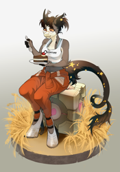 Size: 1993x2845 | Tagged: safe, artist:djkaskan, derpibooru import, anthro, unguligrade anthro, unicorn, cake, chell, clothes, commission, companion cube, cube, food, gradient background, horn, jumpsuit, leonine tail, portal (valve), portal 2, solo, tail