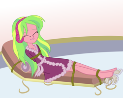 Size: 2500x2000 | Tagged: safe, artist:nie-martw-sie-o-mnie, derpibooru import, part of a set, lemon zest, human, equestria girls, g4, bathrobe, bondage, clothes, eyes closed, feather, feet, female, femsub, foot tickling, headphones, robe, rope, rope bondage, solo, spa, submissive, tickling, tied down