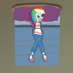 Size: 2500x2500 | Tagged: safe, artist:nie-martw-sie-o-mnie, derpibooru import, part of a set, rainbow dash, human, equestria girls, g4, bed, bondage, clothes, dashsub, female, femsub, gag, pajamas, pillow, rope, rope bondage, slippers, solo, submissive, tape, tape gag, tied down