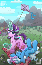 Size: 4400x6800 | Tagged: safe, artist:sol-r, derpibooru import, starlight glimmer, trixie, pony, unicorn, basket, camera shot, cloud, cup, cute, diatrixes, duo, duo female, eating, eyes closed, female, food, glowing, glowing horn, happy, horn, kite, kite flying, mare, mountain, picnic basket, picnic blanket, ponyville, ponyville town hall, sandwich, smiling, teacup, that pony sure does love kites, windmill