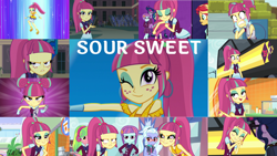 Size: 1280x721 | Tagged: safe, derpibooru import, edit, edited screencap, editor:quoterific, screencap, lemon zest, sci-twi, sour sweet, sugarcoat, sunny flare, twilight sparkle, human, dance magic, equestria girls, friendship games, g4, dance magic (song), disco dress, equestria girls specials, female, one eye closed, wink